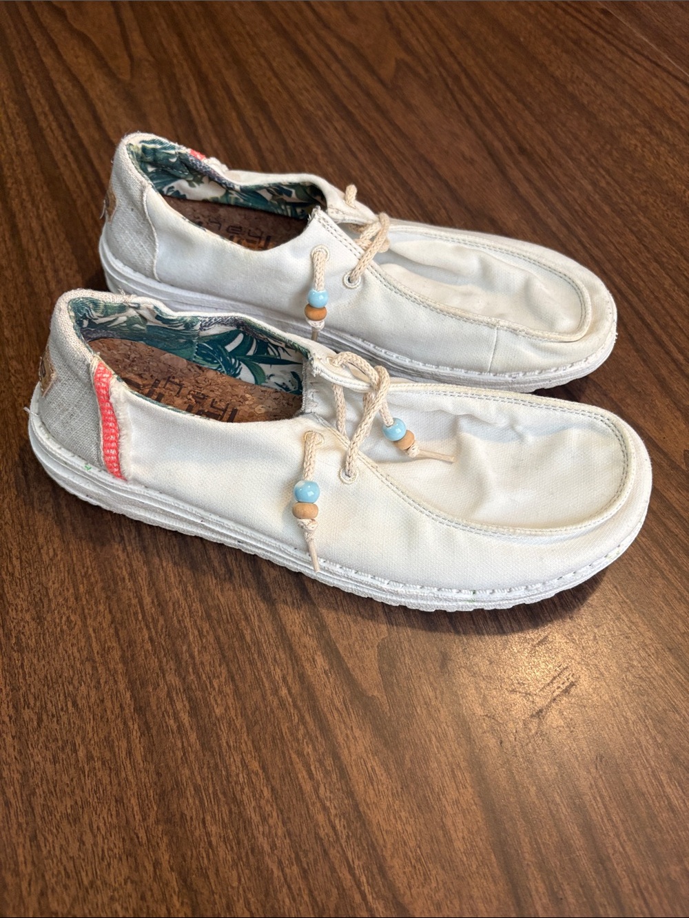 Hey Dude Size 8 Wendy Natural Salt White Canvas Slip On Boat Shoes Beaded Laces